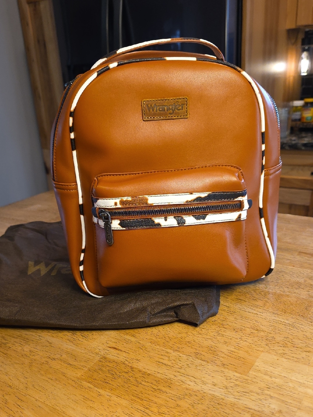 Wrangler Chestnut Brown Mini Backpack with Cow Print Trim
